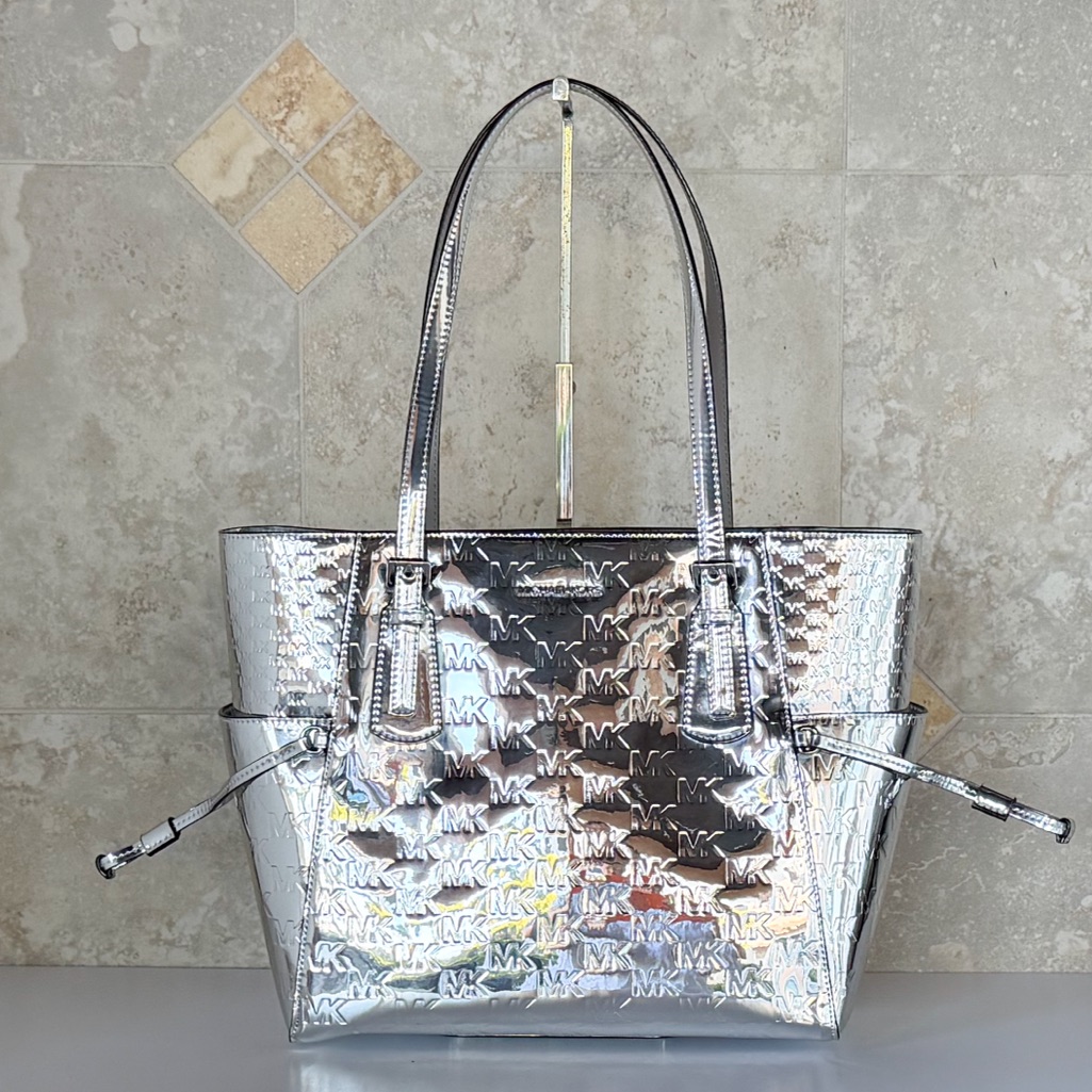 Michael Kors Voyager Lg Mirror Metallic Tote Bag Mk Silver